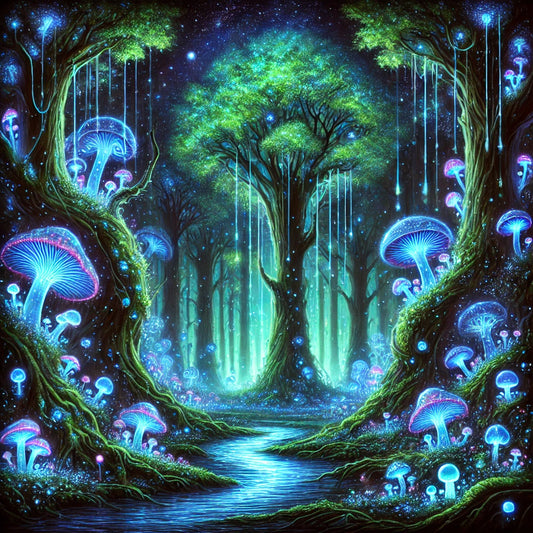 Step into a glowing, mystical forest where bioluminescent plants and creatures light the way 🌿✨ Streams reflect the magic of the night, and the stars swirl above, creating an enchanting world. #FantasyArt #MysticalForest #DigitalArt #MagicalWorld #