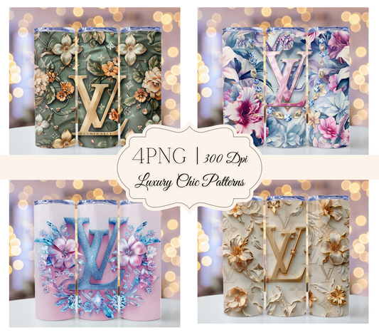 4PNG Bundle Sparkle Flower Gold Logo 20oz Skinny Louis Vuitton Tumbler Wrap Fashion Tumbler Wrap Luxury Tumbler Wrap Glitter Tumbler Wrap