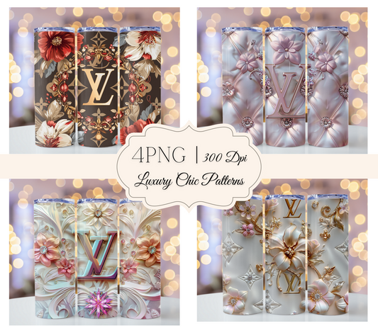 4PNG Bundle Sparkle Flower Gold Logo 20oz Skinny Louis Vuitton Tumbler Wrap Fashion Tumbler Wrap Luxury Tumbler Wrap Glitter Tumbler Wrap