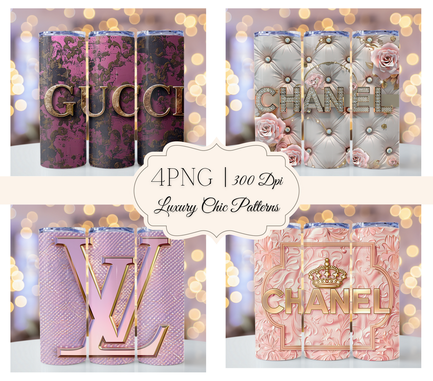 4PNG Bundle Sparkle Flower Gold Logo Gucci Tumbler Wrap Chanel Tumbler Wrap 20oz Skinny Louis Vuitton Tumbler Wrap Fashion Tumbler Wrap Luxury Tumbler Wrap Glitter Tumbler Wrap