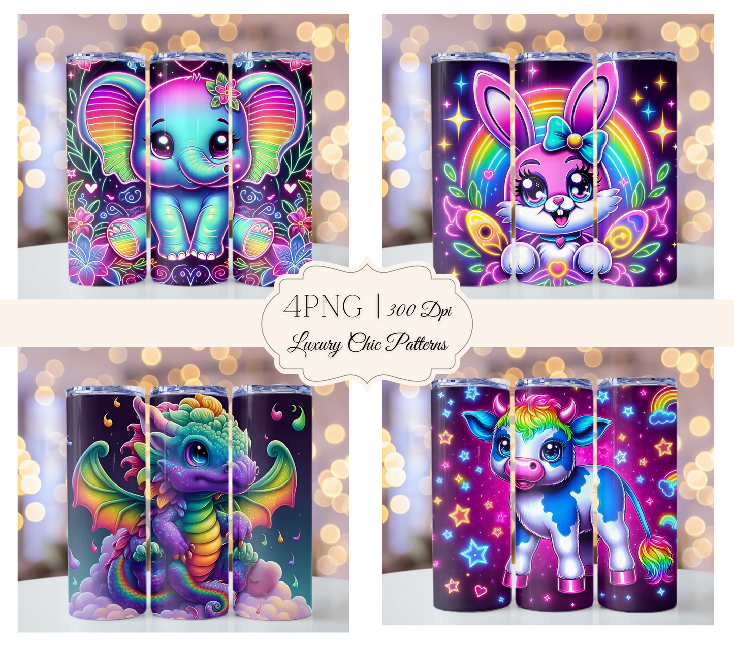 4PNG Bundle Dragon,Elephant,Cow,Bunny 20oz Sublimation Printable Elephant Tumbler Wrap Sublimation Designs Neon Tumbler Wrap Designs